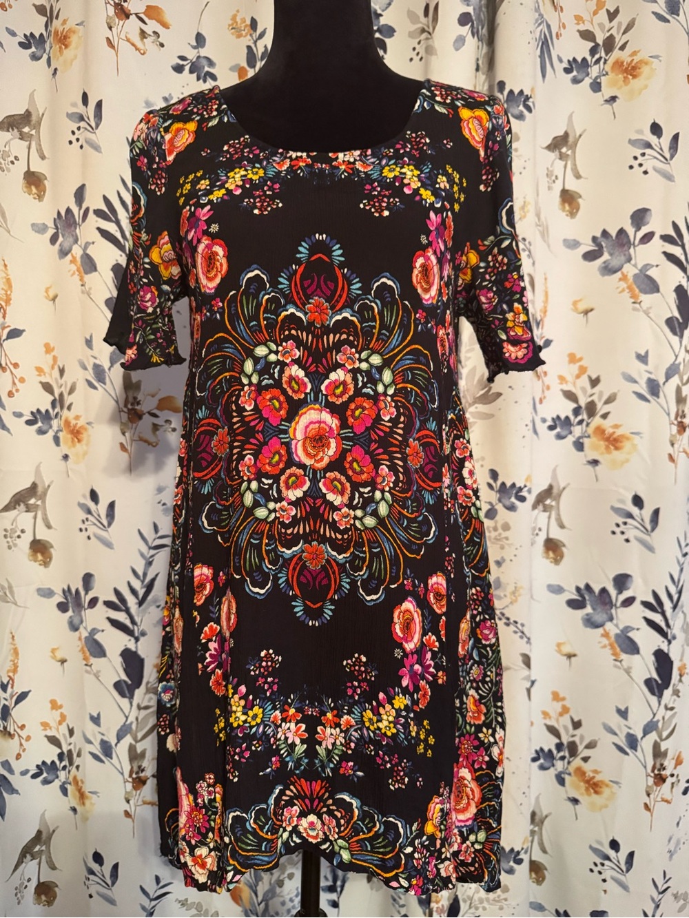 Patrons of Peace Black Floral Print Top with Multicolor Blooms